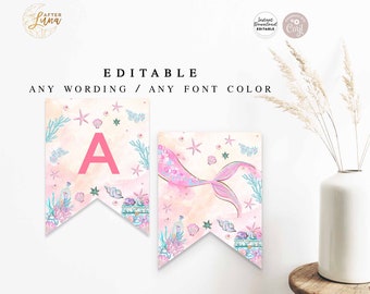 Editable ANY WORDING Mermaid Pennant Banner 8.5x11" Under the Sea Mermaid Birthday Decor Template Instant Download 1328