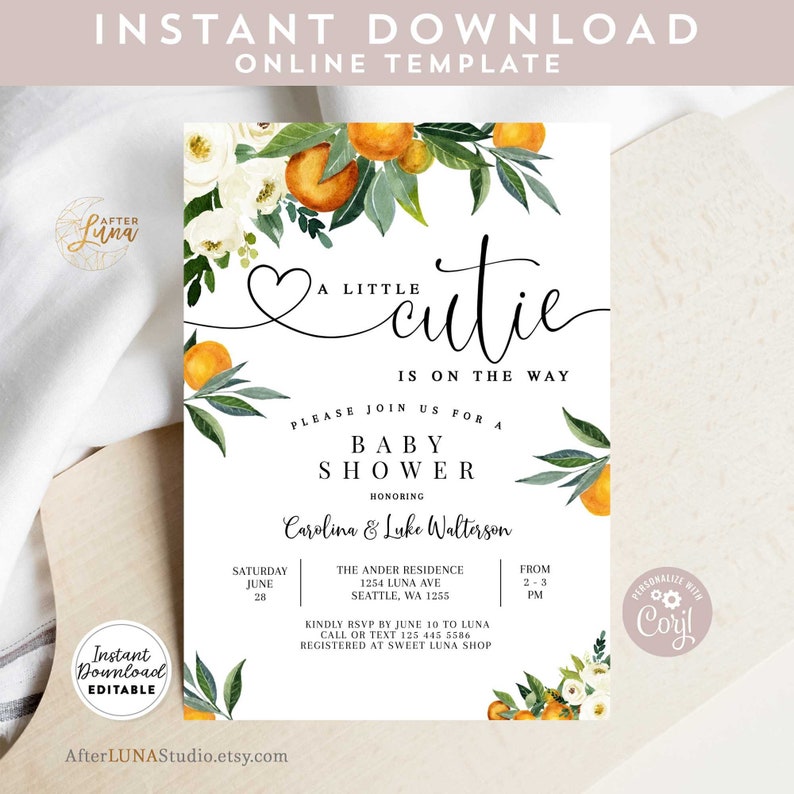 Editable A Little Cutie is on the Way Greenery Orange Gender Neutral Couples Baby Shower Invitation Invites Template Instant Download 248V1 