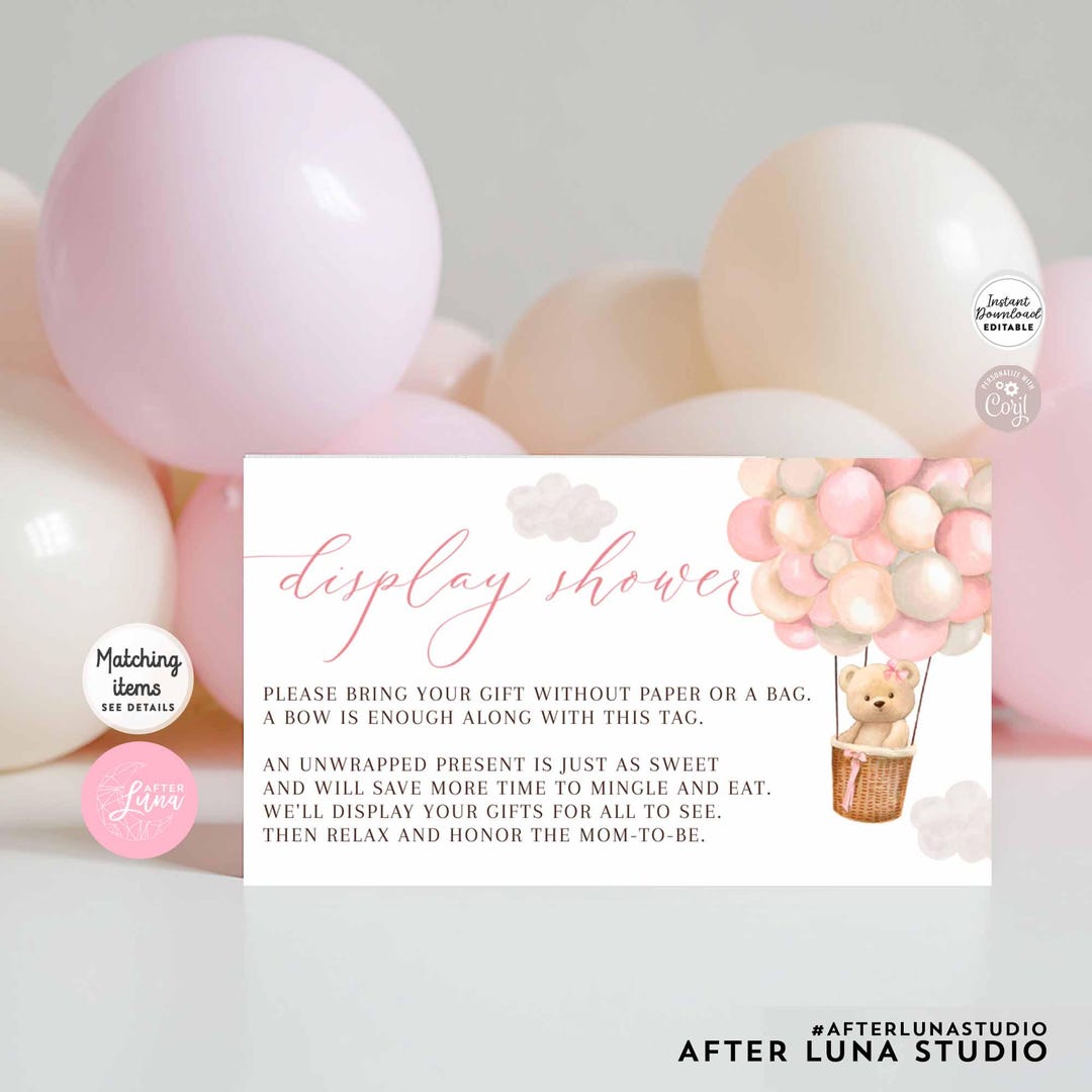 Editable Pink Girl Teddy Bear Hot Air Balloon We Can Bearly Wait ...