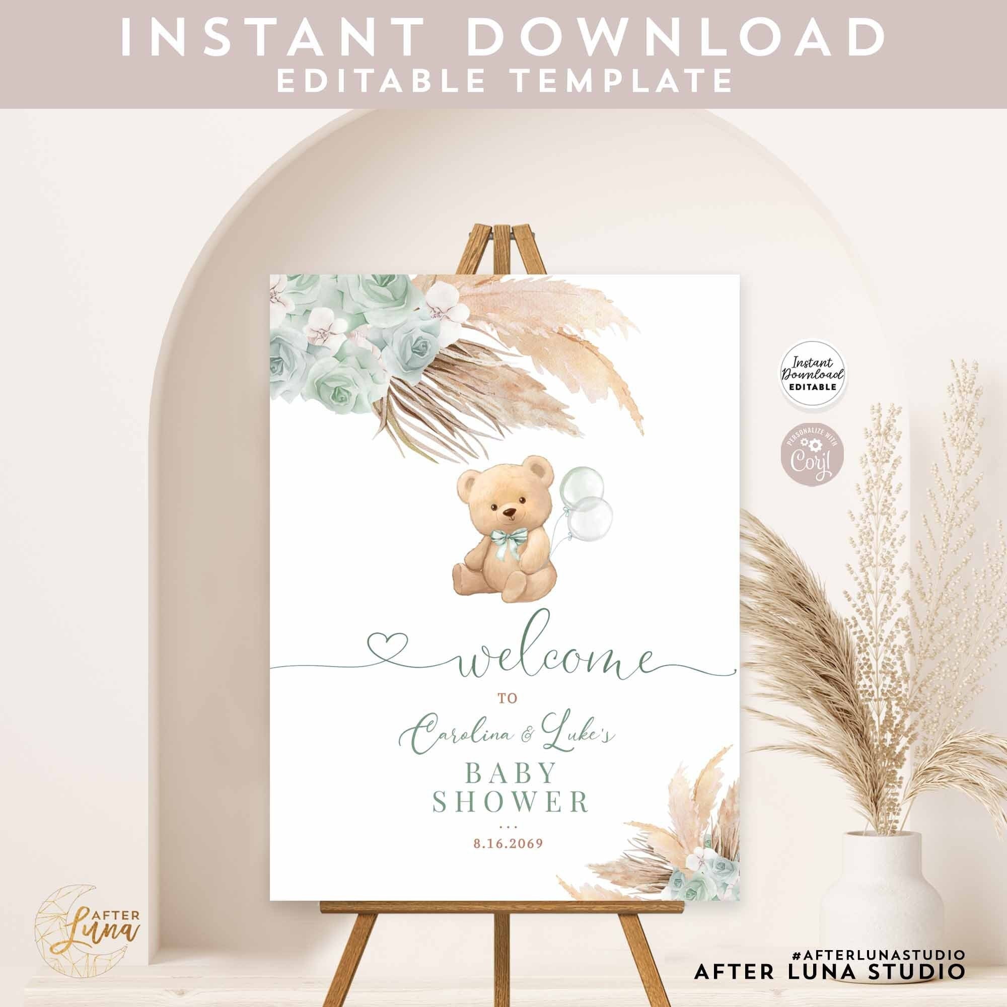 Editable Sage Green Pampas Grass Bohoteddy Bear We Can Bearly Wait ...