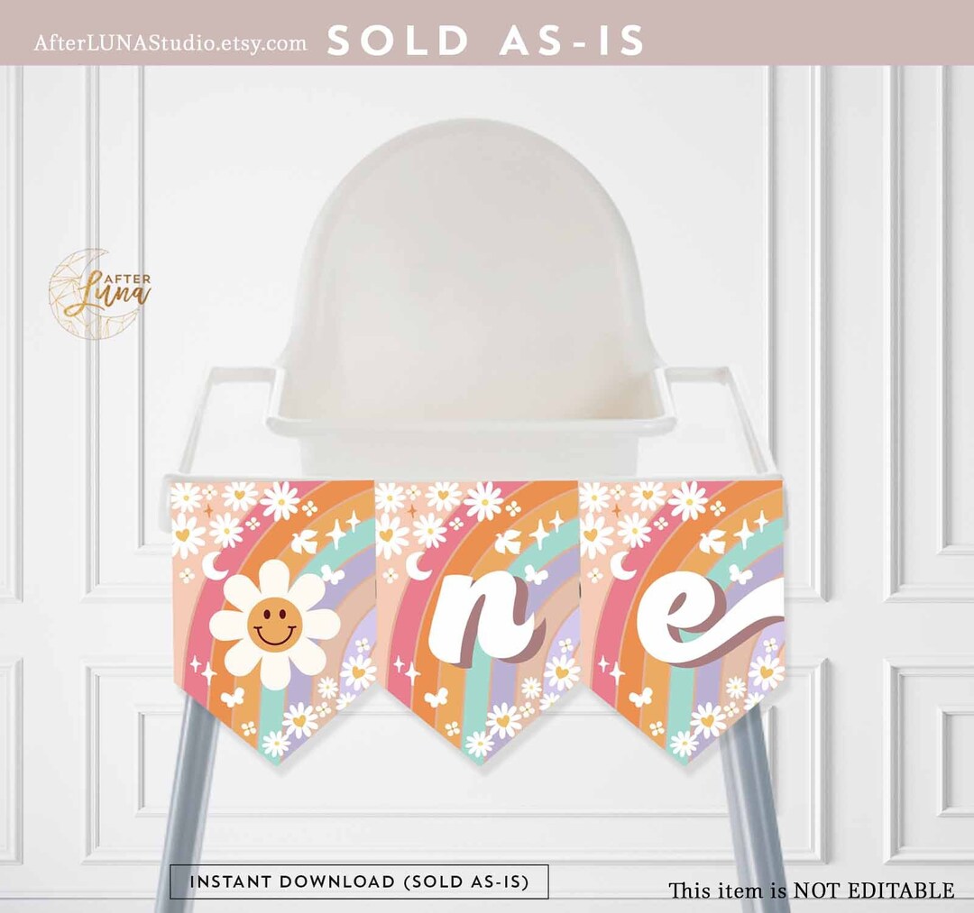 Groovy ONE Birthday High Chair Banner Groovy Rainbow Hippie Daisy ...