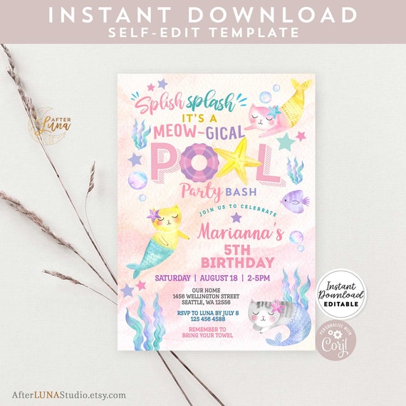 Editable Pool Party Invitation Fille Chat Sirene Pool Party Etsy Canada