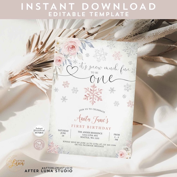 Editable First Birthday Snow Much Fun Winter Wonderland Pink Gray Snowflake Snowy First Birthday Party Template Instant Download K62V2 (5)