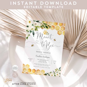 K&ouml;nnte beinhalten: Eine wei&szlig;e Einladung zu einer Bridal Shower mit einer Aquarell-Illustration von wei&szlig;en Blumen und einem Wabenmuster. Der Text lautet "Meant to Bee" mit einer Bienen-Illustration. Die Einladung enth&auml;lt Details f&uuml;r eine Bridal Shower f&uuml;r Carolina Anderson.