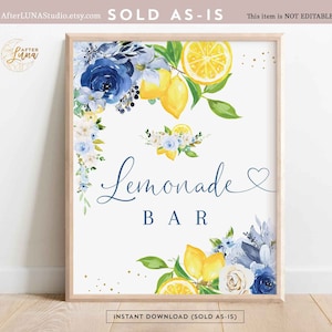 Digital Navy Royal Dark Blue Floral Lemon Lemonade Bar Sign Citrus Lemon Boy Baby Bridal Shower Decor Sign Instant Download 157V4