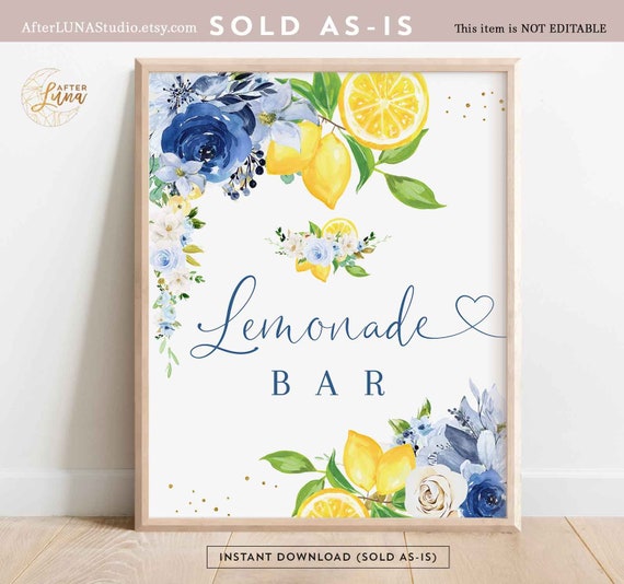 Digital Navy Royal Dark Blue Floral Lemon Lemonade Bar Sign Citrus Lemon Boy Baby Bridal Shower Decor Sign Instant Download 157V4