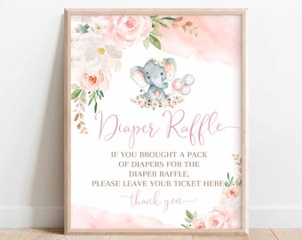 Blush Pink Elephant Diaper Raffle Sign Little Peanut Girl Elephant Baby Shower Decor Decoration Sign Digital Instant Download 288V1