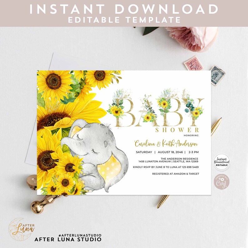 Editable Sunflower Elephant Baby Shower Invitation Gender Etsy