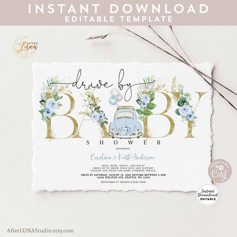 Editable Blue Floral Gold Drive by Baby Shower Parade Etsy