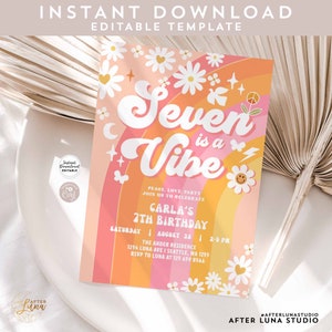 Editable SEVEN is a Vibe Birthday Invite Bright Pink Peach 7th Groovy Birthday Daisy Hippie Birthday Invitation Instant Download 633K6 (7)