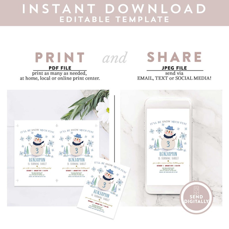 Editable ANY AGE Boy Winter Birthday Invitation Snow Much Fun Snowman Birthday Invite Template Instant Download 1496 (4) image 2