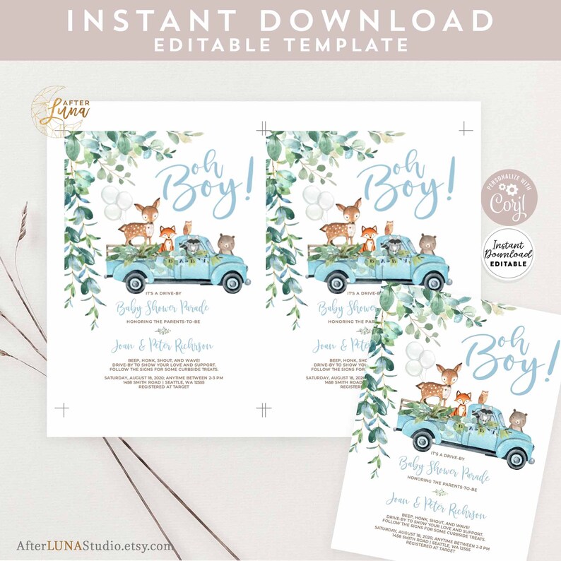 Editable Woodland Drive by Baby Shower Invitation Baby Blue Etsy