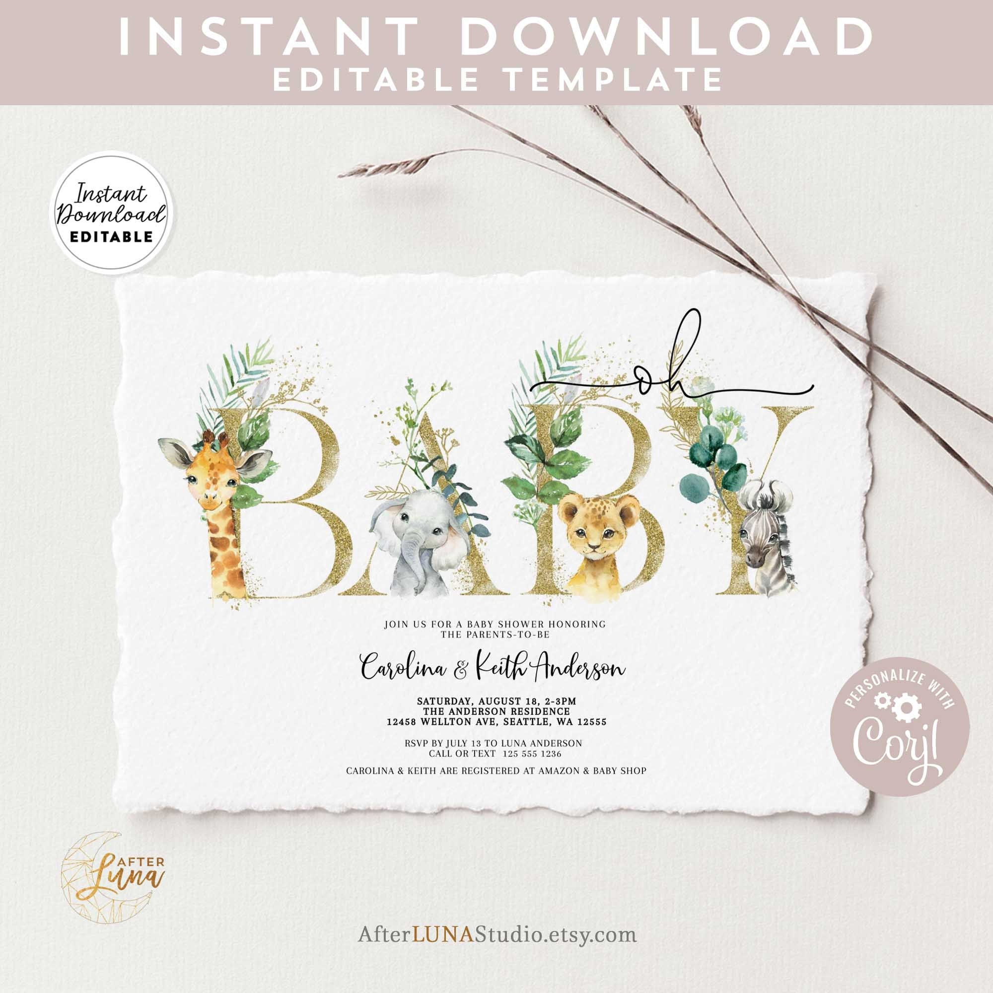 Editable Safari Animal Oh Baby Shower Sprinkle Invitation Gender Neutral Greenery African Zebra Giraffe Shower Invite Instant Download AL20