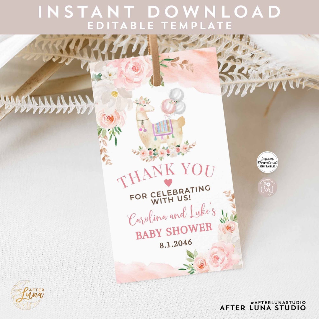 Editable Pink Floral Llama Girl Baby Shower Sprinkle Thank You Favor ...