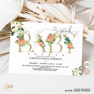 Editable A Little PEACH is on the Way White Floral Peach Couples Baby Shower Invitation Invites Template Instant Download 256V2 (2)