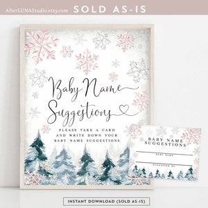 Hiver rose flocon de neige arbre Baby Shower devinez nom Suggestions jeu carte signe arbre enneigé imprimable Virtual Baby Shower Téléchargement instantané 120V3