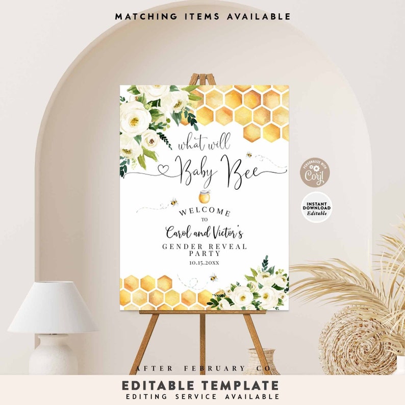 Editable Bee What Will Baby Bee Gender Reveal Welcome Sign Yard Sign 24x36 18x24 16x20 Printable Template Instant Download 845V1 image 1