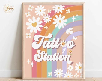 Groovy Tattoo Station Sign: 70s Daisy Hippi Rainbow Birthday Decor (Digital Download) 633K1