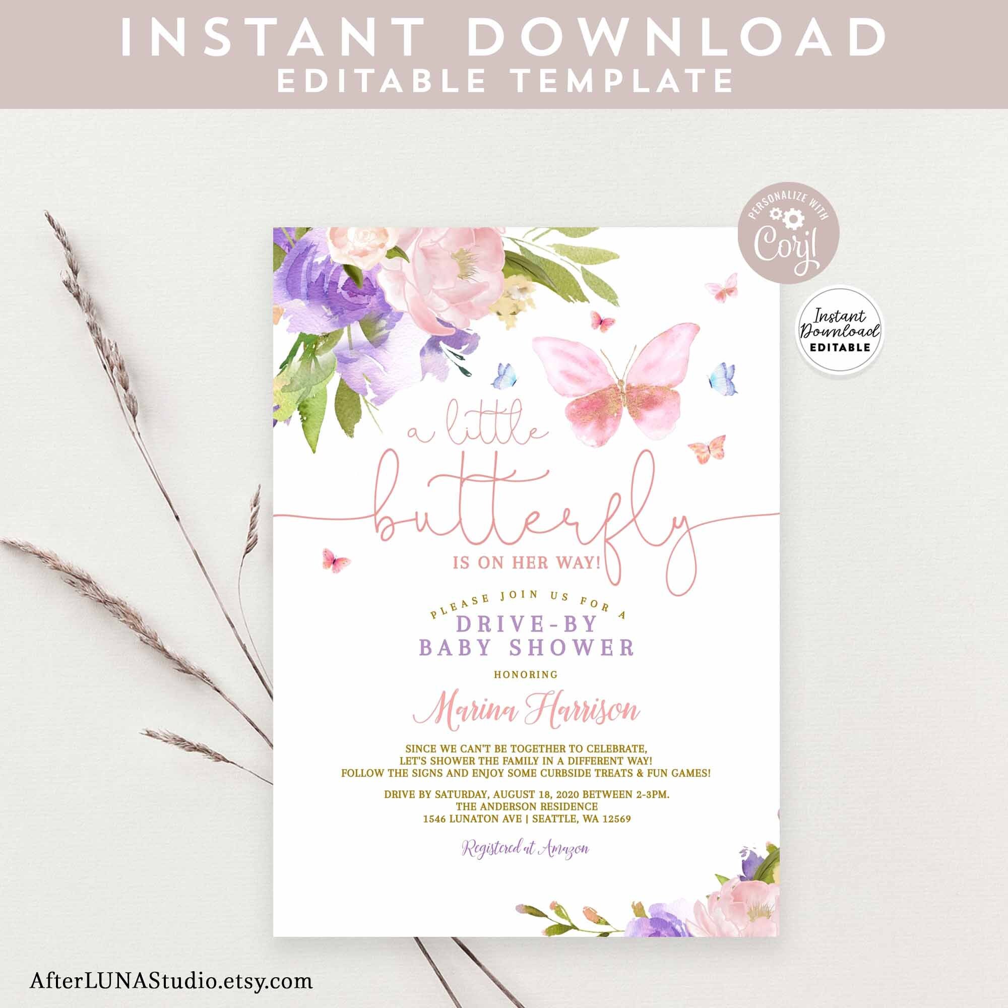 Editable Butterfly Drive by Baby Sprinkle Shower Invitation Etsy