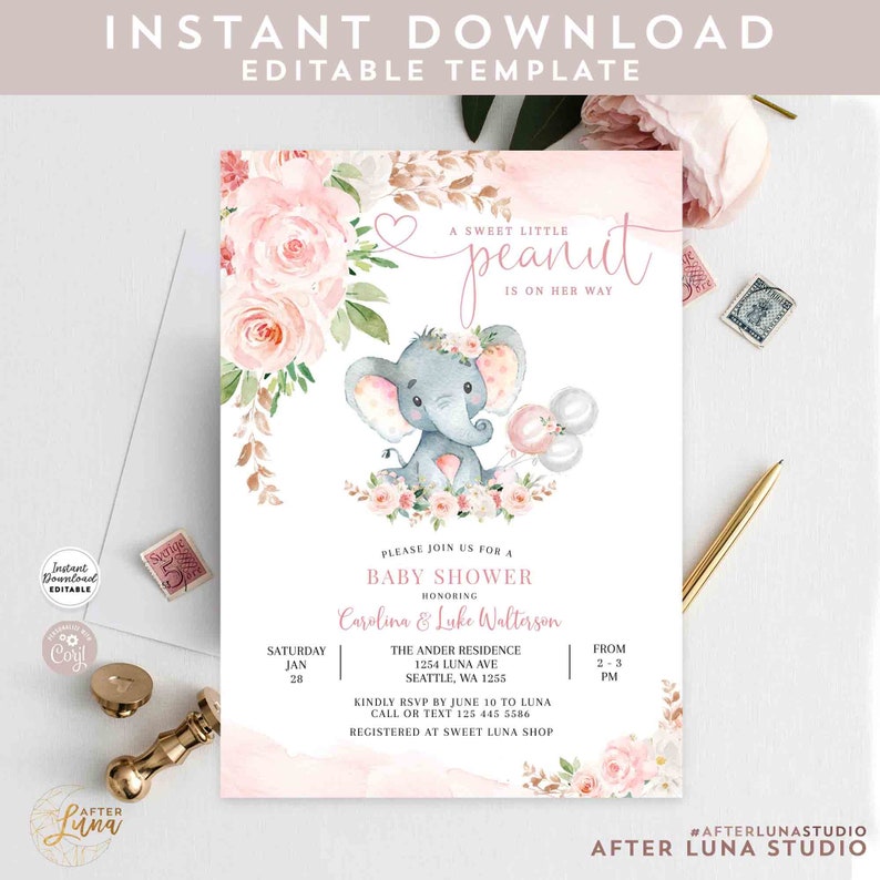 EDITABLE Blush Pink Rose Gold Elephant Baby Shower Invitation Girl Baby ...
