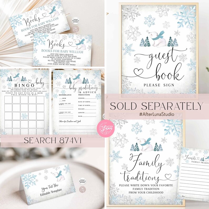 Blue Winter Snowflake Polar Bear Baby Shower Invitation: Boy Bearly Wait Invite Template 874V1(2) image 2