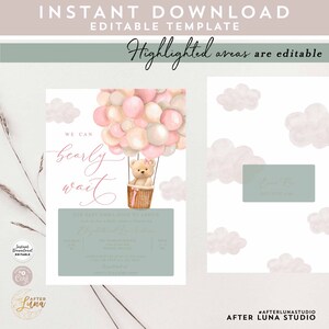 K&ouml;nnte beinhalten: Eine Babyparty-Einladung mit einer Aquarell-Illustration eines Teddyb&auml;ren in einem Hei&szlig;luftballon mit rosa und wei&szlig;en Ballons. Der Text "We can bearly wait" ist in einer kursiven Schrift geschrieben. Die Einladung ist f&uuml;r ein Babygirl namens Emma Rose.