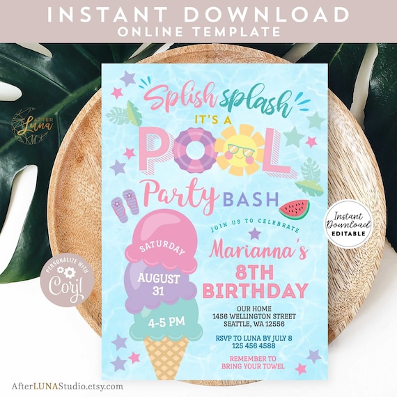 Editable Pool Party Birthday Invitation Ice Cream Pool Party Etsy 日本