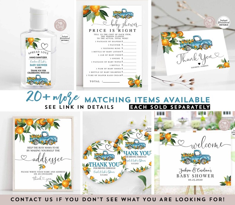 May include: A set of printable baby shower party decorations featuring a blue pickup truck with oranges and greenery. The set includes a welcome sign, thank you tags, a price is right game, and an address card. The text on the welcome sign reads "Jackson & Caroline's Baby Shower 10.25.2020".