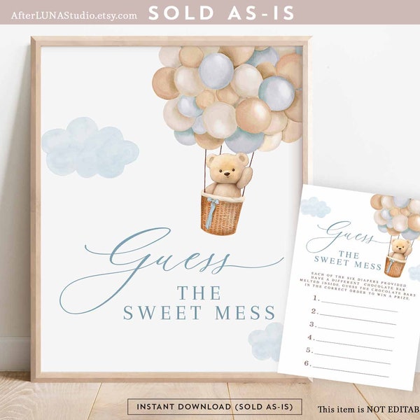 Blue Boy Teddy Bear Hot Air Balloon Guess The Sweet Mess Game Boho We Can Beary Wait Baby Shower Digital Printable Download 905V1