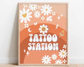 Fall Groovy Birthday Party Decor Daisy Tattoo Station Sign Table Decor 70' Hippie Birthday Decoration Printable Instant Download 665K1