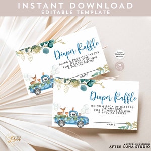 Editable Greenery Gold Woodland Blue Truck Baby Shower Diaper Raffle Insert Digital Printable Inserts Template Instant Download AL538