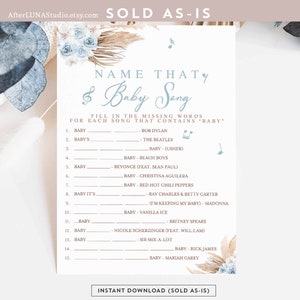 Blue Pampas Grass Name That Baby Songs Card Imprimable Boho Boho Baby Boy Shower Saupoudrer Jeu Jeux Téléchargement instantané imprimable 212V2