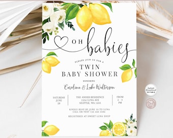 Editable Lemon Oh Babies Twin Baby Shower Gender Neutral Citrus Summer Shower Brunch Sprinkle Invite Template Instant Download 161V1 (4)