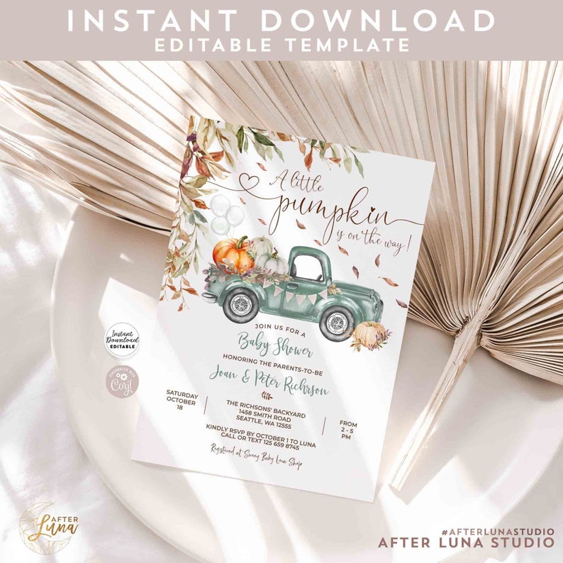 Editable Fall Pumpkin Sage Green Pickup Truck Baby Shower Etsy Canada