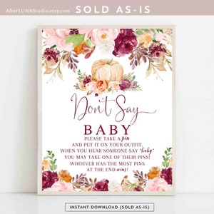 Burgundy Fall Pumpkin Dont Say Baby Game Sign Baby Shower Brunch Sprinkle Game Games Digital Printable Sign Instant Download AL28