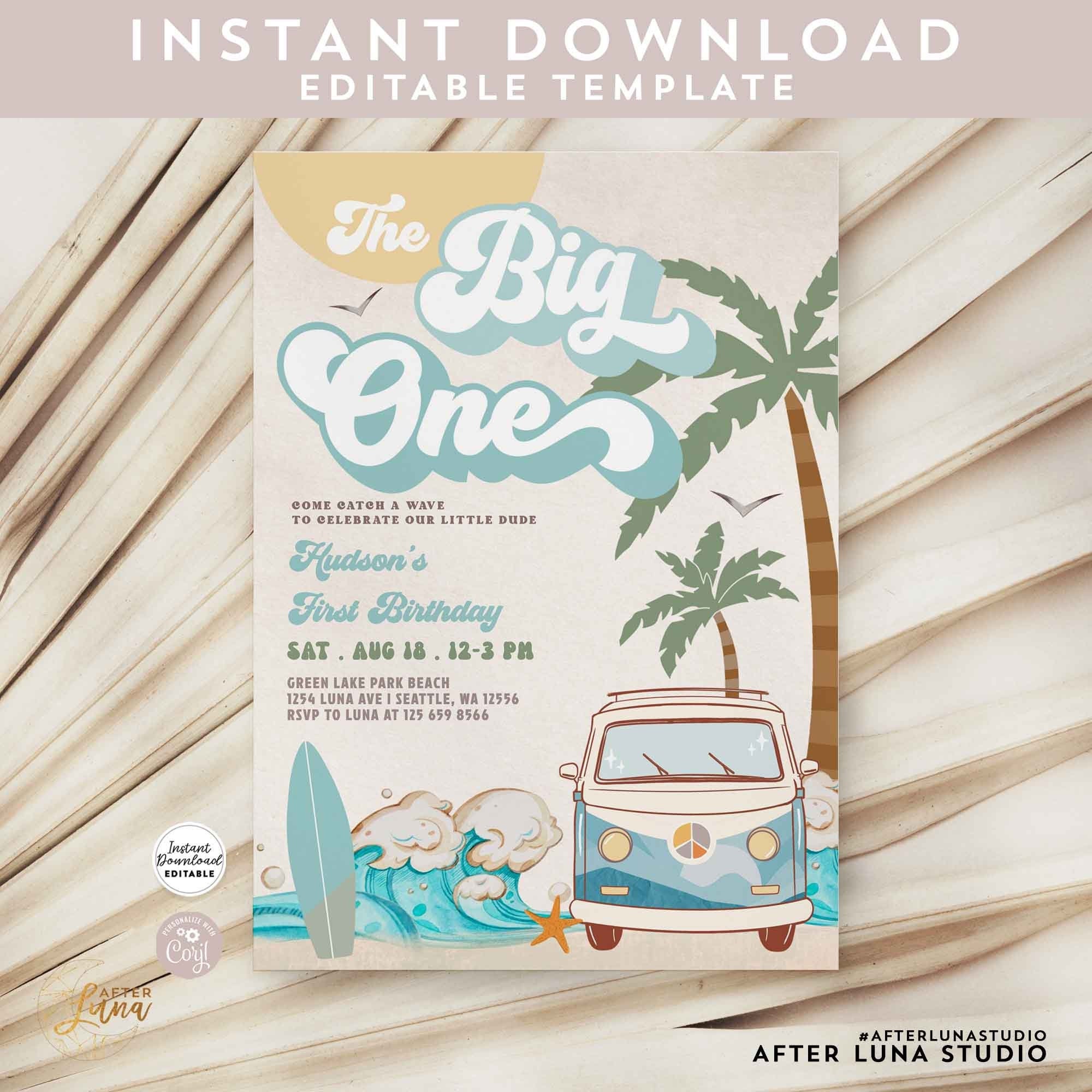 Editable Boy The Big One Surfing 1st Birthday Party Invitation Retro Boy Surf Van Surfboard Beach Party Invite Instant