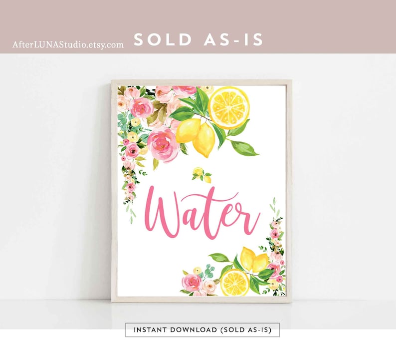 Op de afbeelding: Waterschild met roze bloemen- en citroendesign. Het bord zegt "Water" in roze cursief schrift. Het bord is ingelijst in een wit frame.