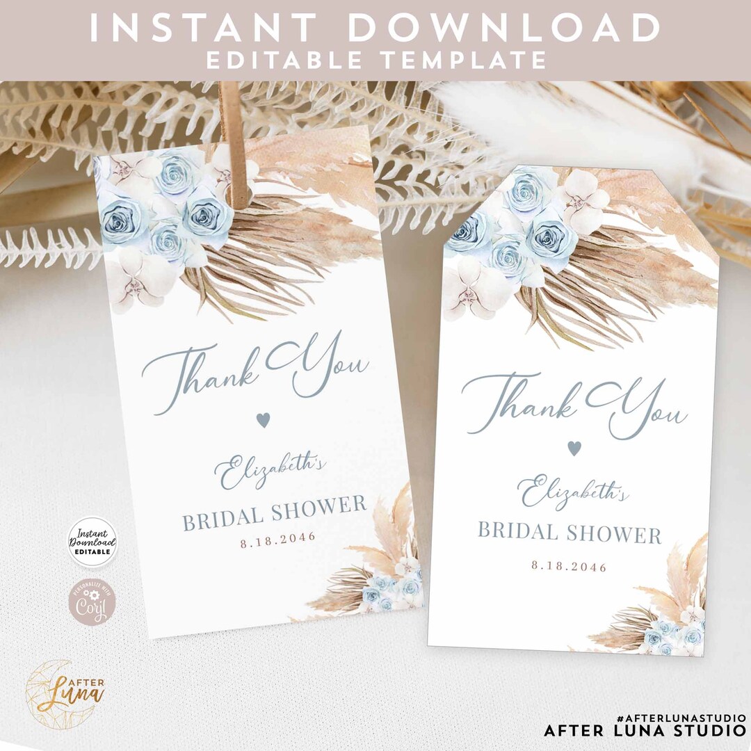 Editable Blue Pampas Grass Bohemian Boho Baby Bridal Shower Thank You ...
