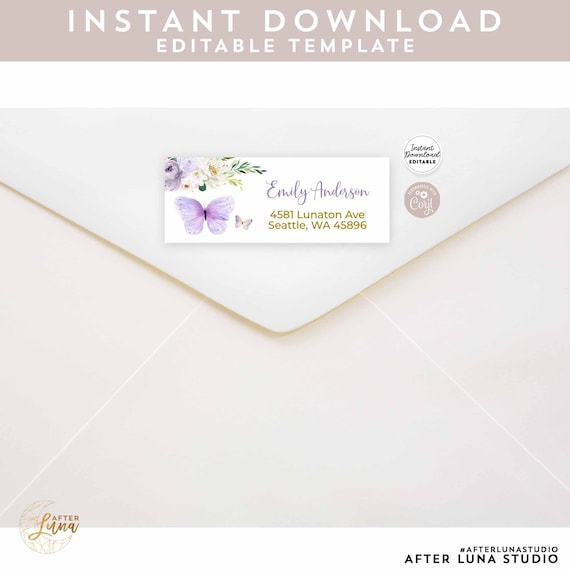 Editable Purple Lavender Gold Butterfly Return Address Label Avery 5160 Labels Label Printable Template Instant Download 554BR