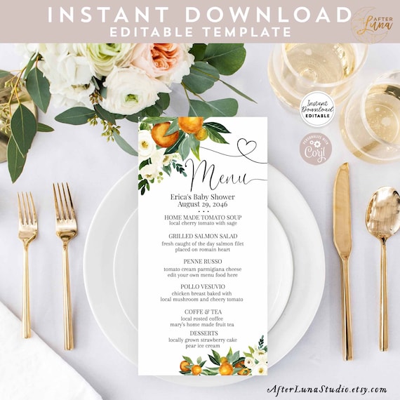 Editable ANY EVENT A Little Cutie Orange Baby Sprinkle Bridal Shower Birthday Editable Menu Printable Template Instant Download 248V1