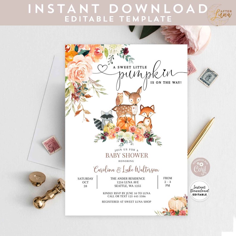 May include: A white baby shower invitation with a watercolor illustration of a deer, raccoon, fox, and owl surrounded by fall leaves and pumpkins. The text reads "A sweet little pumpkin is on the way!" and includes details for the baby shower, such as the date, time, location, and RSVP information.