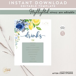Editable Lemon Drinks Menu Game Blue Floral Lemon Printable Citrus She ...