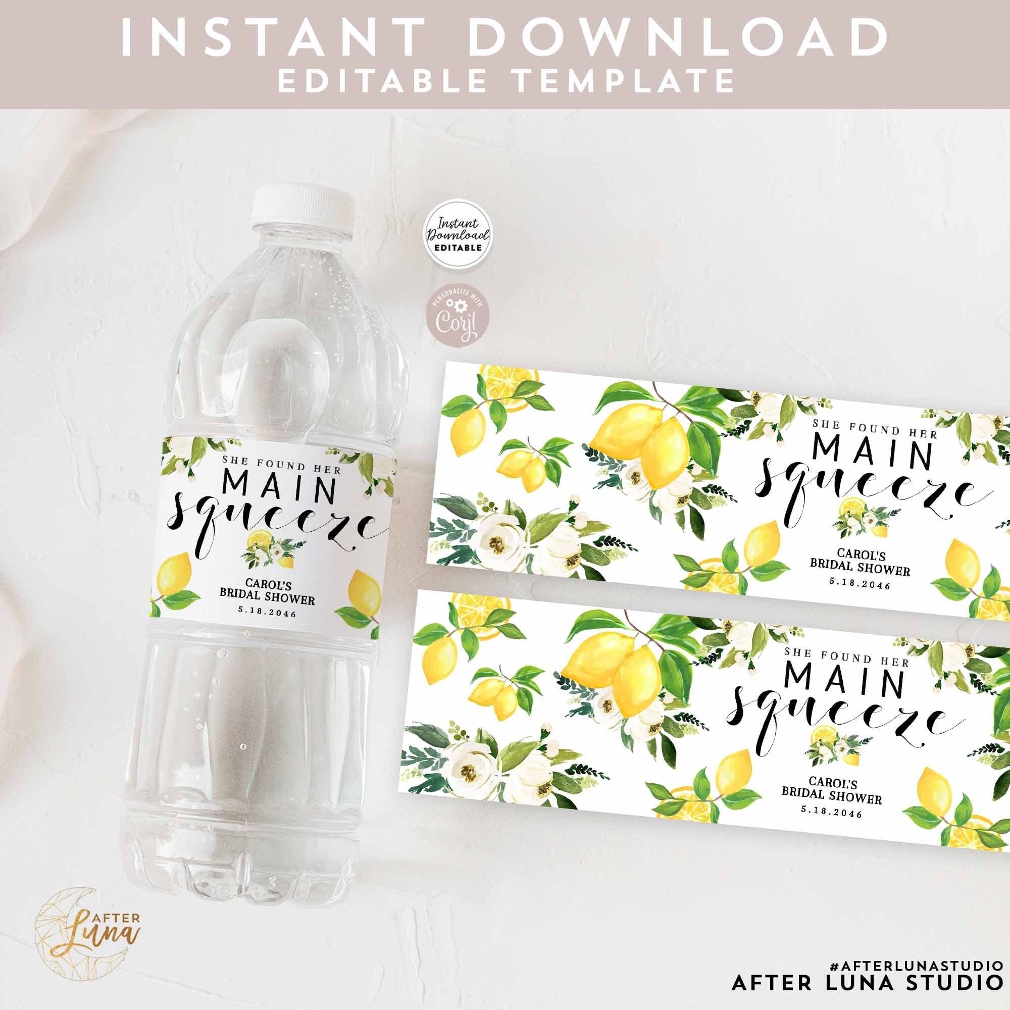 Editable Lemon She Found Her Main Squeeze Bridal Shower Water Bottle Label Decor Decoration Label Template Instant Download