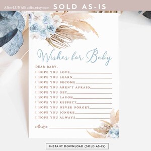Blaue Pampas Gras Wünsche für Baby Karte druckbare Boho Boho Baby Boy Shower Sprinkle Spiel Spiele druckbare Sofort Download 212V2