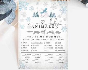 Winter Blue Snowflake Boy Polar Bear Baby Animals Game Virtual Baby Shower Games Digital Printable Instant Download 874V1