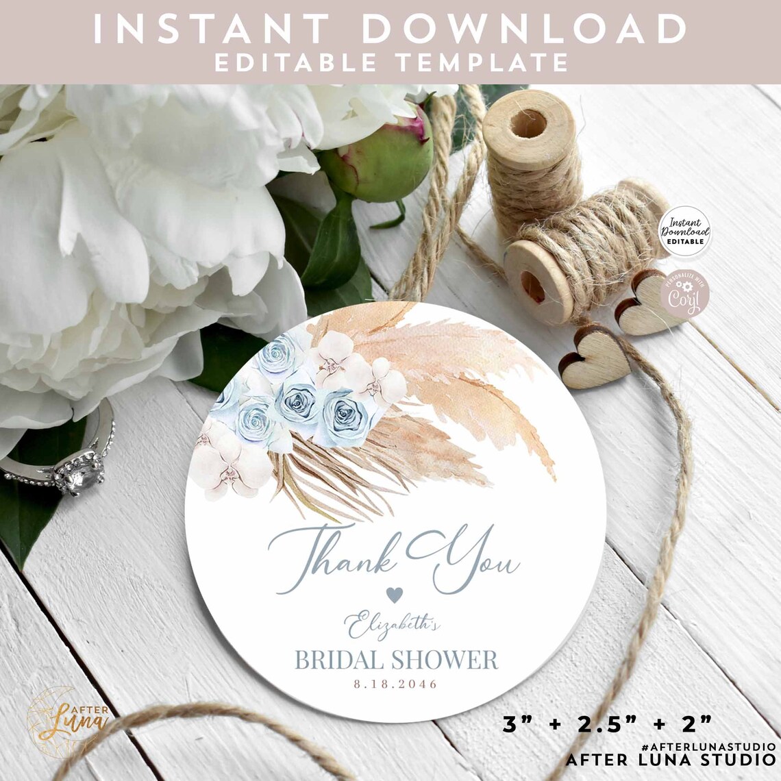 Editable Blue Pampas Grass Bohemian Boho Baby Bridal Shower Thank You ...
