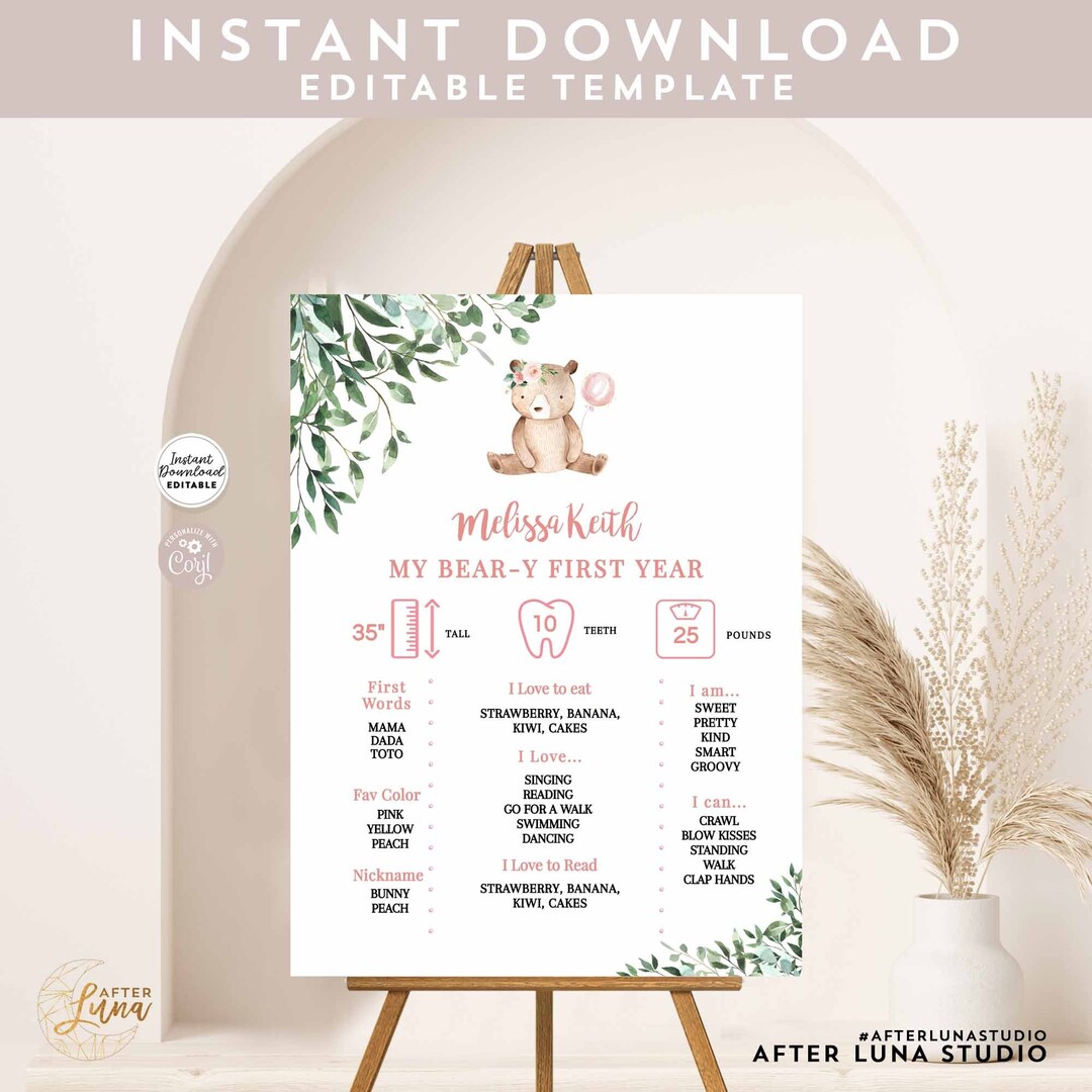 Editable Greenery Girl Pink Teddy Bear Birthday Party Milestone Poster ...