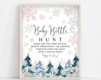 Winter Pink Snowflake Girl Baby Shower Baby Bottle Hunt Game Sign Decor Decoration Sign Printable Games Instant Download 120V3