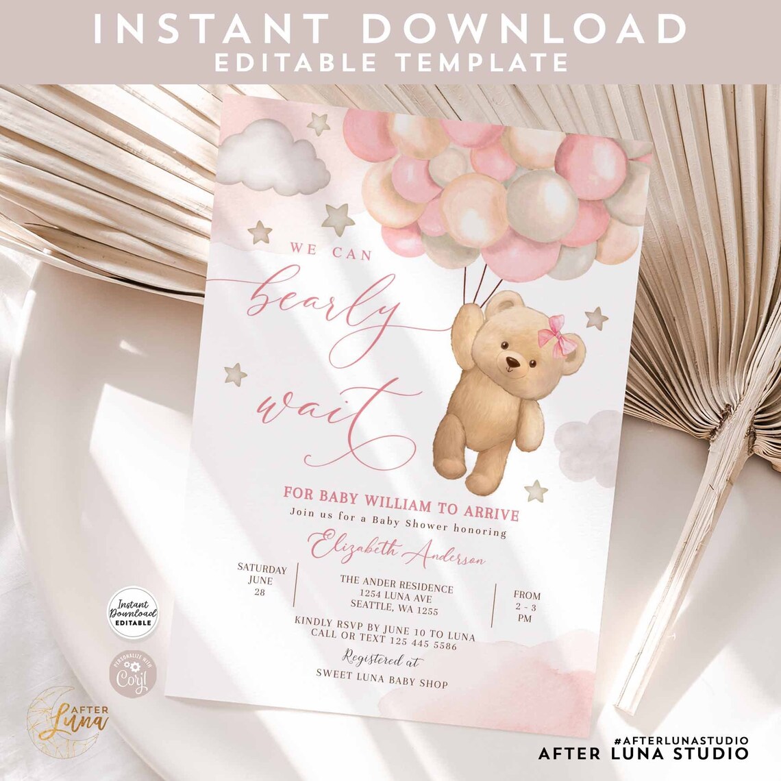 Editable Pink We Can Bearly Wait Teddy Bear Girl Balloon Bear Theme ...