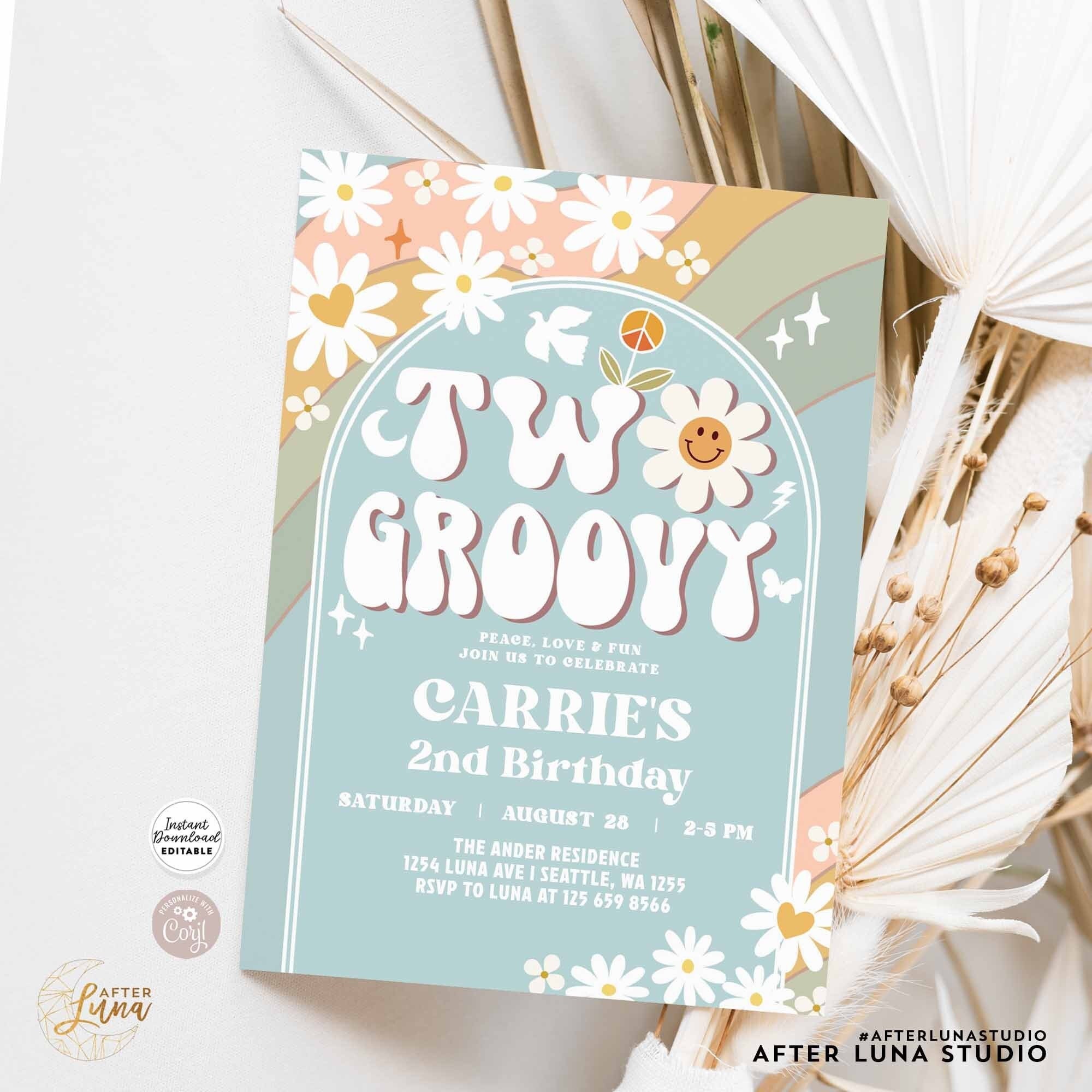 Editable Mint Green Two Groovy Invite Birthday Groovy Invite Daisy Hippie 2nd Retro Birthday Invitation Invite Instant